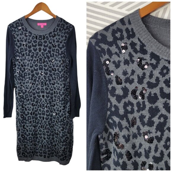 Betsey Johnson Sweater Dress Size Medium Animal Print Sequin Grey Black Leopard - Picture 1 of 6
